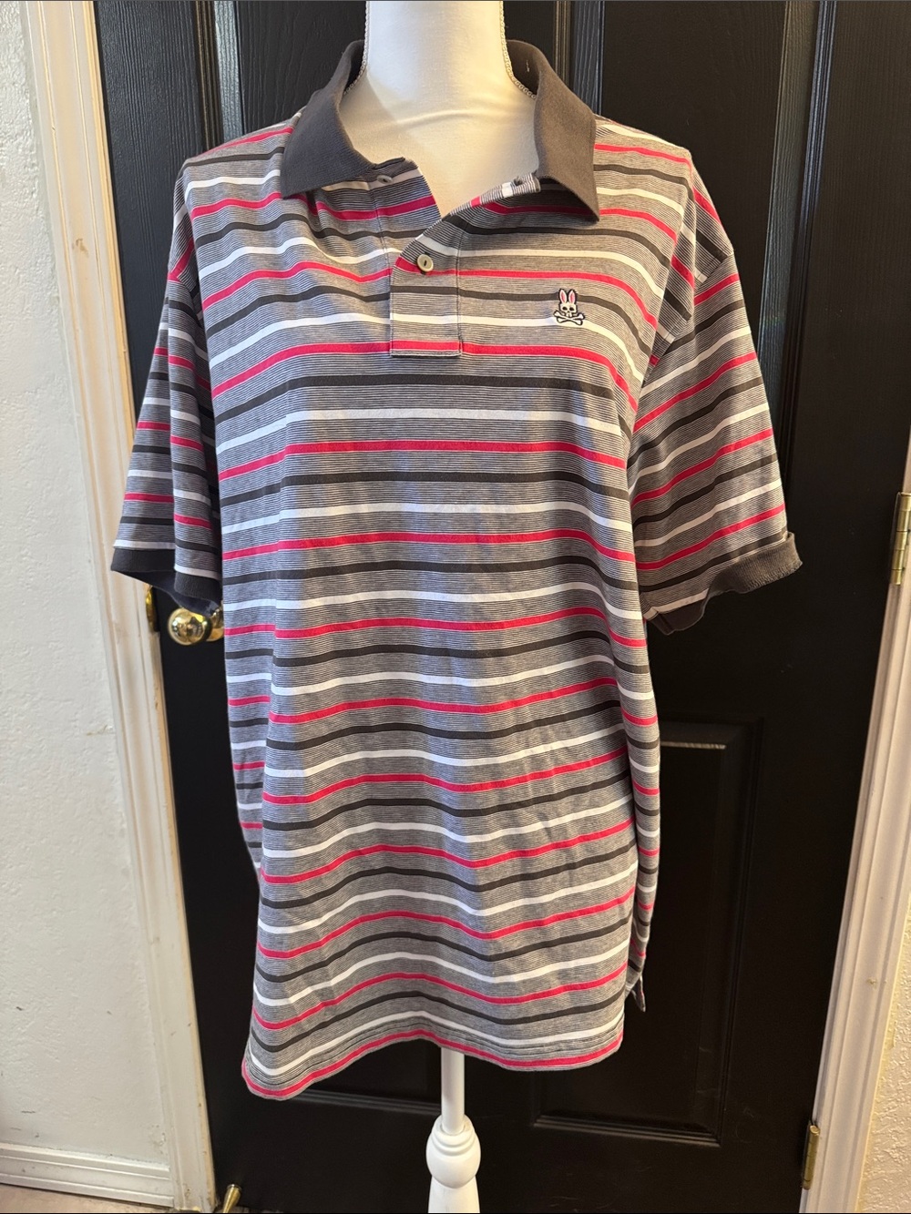 Psycho Bunny Gray Polo with Pink & White Stripes